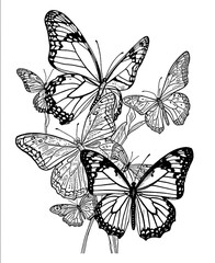Ink drawing coloring page for children, a beautiful flower, among butterflies, for children s coloring, black and white, low detail, thick outlines, isolated, white background,