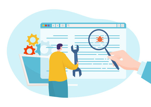 Person holding magnifying glass over code and person holding wrench, analyzing bug in software. Programmers debugging code vector illustration.