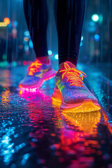 a person wearing colorful running shoes and raining, in the style of glowwave, illuminated landscapes