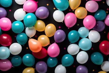 Colorful balloons on a dark background with scattered confetti, suitable for celebrations and parties.