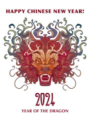 The Year of Dragon Holiday Poster or Postcard. Zodiac symbol of the New Year 2024. Line drawing of the Chinese dragon head coloured and isolated on a white background. NOT AI. EPS10 vector.