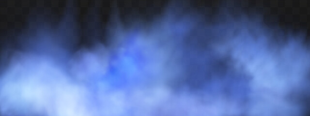 Blue magical fog over the ground.Illustration of night transparent clouds and fog over the river. Realistic neon magic mist steam on a transparent dark background.