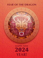 The Year of Dragon Holiday Poster or Postcard. Zodiac symbol of the New Year 2024. Line drawing of the Chinese dragon head coloured and isolated on an ornamental background. NOT AI. EPS10 vector.