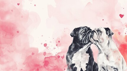 Watercolor of  couple of dog in love on pink background with copy space, valentine theme. - obrazy, fototapety, plakaty
