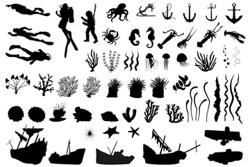 Big collection of underwater objects, black silhouettes. Vector illustration of elements silhouettes.