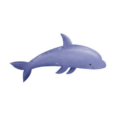 Cartoon hand drawn illustration of sea dolphin. Big dolphin fish. Underwater sea world. Hand drawn illustration on isolated background