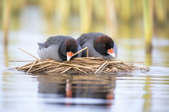 two coots building a nest with reeds on water