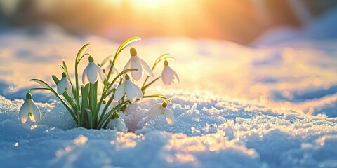 Snowdrops blooming, the beginning of spring, flowers under the snow in gentle sunlight - obrazy, fototapety, plakaty
