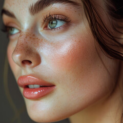 Naklejka premium Beauty Model Portrait with plump Lip Makeup looking sideways, ai technology