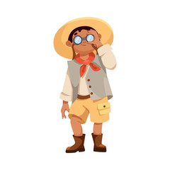 Cute Boy Character in Safari Outfit Look in Binoculars Vector Illustration