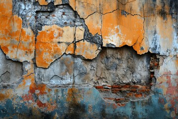 Fototapeta premium Old wall background, where the cracks, textures, and faded colors create a visually intriguing, Generative AI
