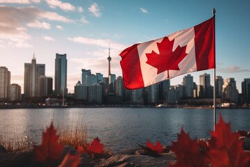 canada flag with the city of toronto in the background - obrazy, fototapety, plakaty