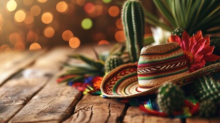 Cinco de Mayo holiday background with Mexican cactus and party sombrero hat on wooden table  - obrazy, fototapety, plakaty