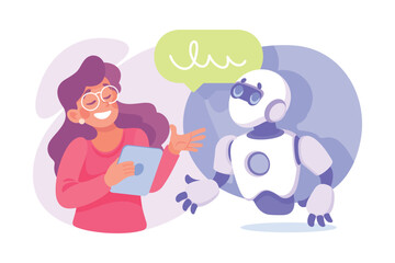 Ai Chatbot Communication with Woman with Tablet Vector Illustration