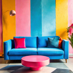 Blue sofa and round pink coffee table against multicolored stucco wall with copy space. Colorful, playful pop art style home interior design of modern living room