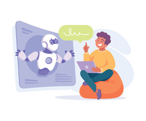 Fototapeta premium Ai Chatbot Communication with Man Sit with Laptop Vector Illustration