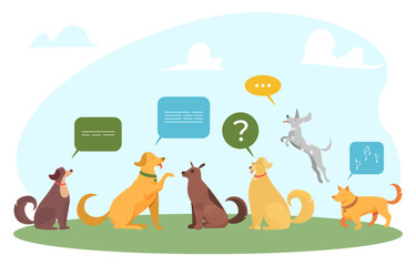 Group of cartoon dogs with speech balloons, some sitting and one jumping, dialog concept. Talking pets, animal communication, friendly discussion vector illustration