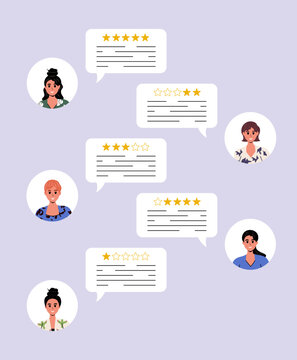 Response and rating by people on the website and app. Quality and feedback. Flat style. Vector stock illustration. Characters. Feedback on the work from the buyer and consumer. Background