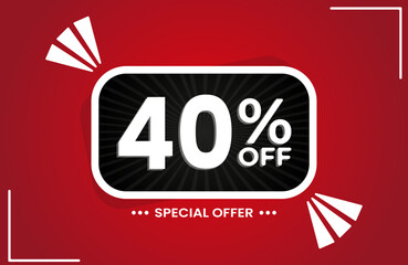 40% off. Red banner with 40 percent discount on a black balloon for mega big sales. 40% sale