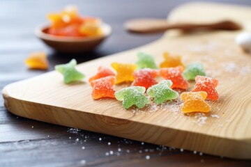 sour gummies sprinkled with sugar on a wooden board
