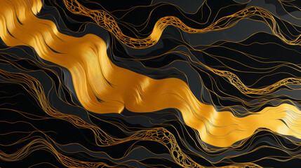 Golden ink lines rivers tropical duotone volumetric - obrazy, fototapety, plakaty