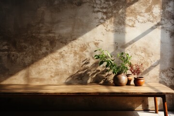 beautiful wall with old plaster in Mediterranean style with rays of sunlight from the window