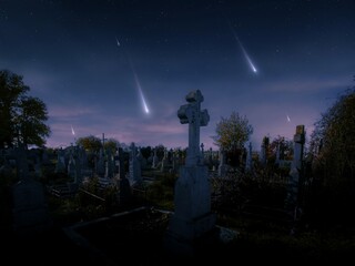 Falling meteorites over crosses in an old cemetery. Starfall at night over the graves. Meteors glow...