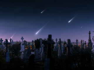 Meteor shower in the sky over the cemetery. Crosses and graves at night under the starry sky with...