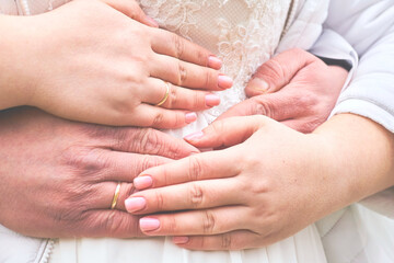 Hands of newlyweds with wedding rings, wedding, bride and groom