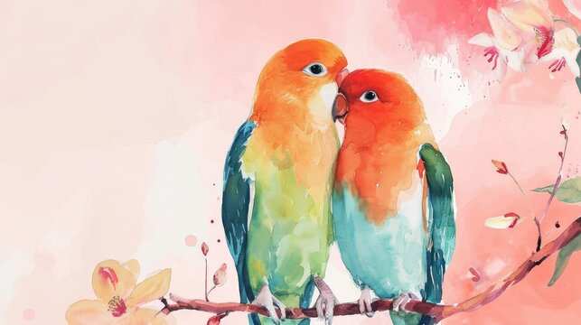 Lovebirds Valentines Day Hand Painted Bird Watercolor Illustration, Copy Space.