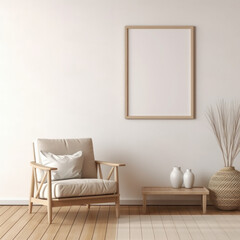 Scandinavian-style room featuring a mockup frame and wooden furniture. ai generative