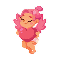 Cupid Baby Girl with Pink Wings Hold Heart Vector Illustration