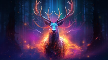 Spectral stag forest spirit particles trails neon wallpaper image Ai generated art