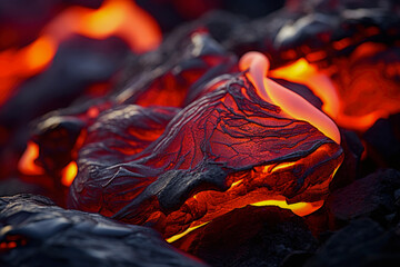 macrophotography of the incandescent lava after the eruption of the volcano