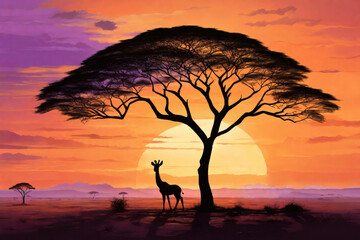 Safari Adventure: African savannah at sunset, featuring silhouette, and a lone acacia tree against an orange and purple sky.