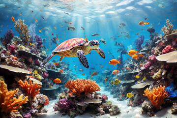 Vibrant underwater scene a coral reef with colorful fish and a gentle sea turtle swimming - obrazy, fototapety, plakaty