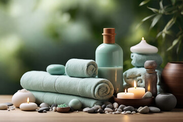 Fototapeta na wymiar Spa and Wellness Products. Towel, oils, candles, relax