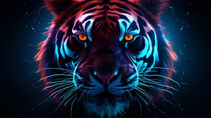 Tiger face neon light glowing abstract wallpaper image Ai generated art