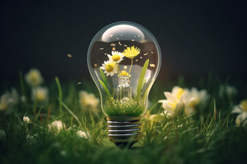 light bulb with grass and beautiful flower