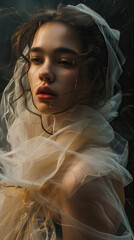 Gentle portrait of a beautiful girl wrapped in tulle, capturing a sense of softness and grace