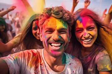 Unidentified people at the Holi festival. View of unknowns people attending a religious ceremony. Colorful Holi. Portrait of happy friends at holi color festival. Holi Celebration. Holi Concept.