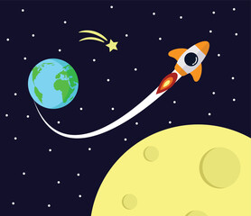 Moon Earth and Rocket in Space Flat Style. Science and technology topic vector art