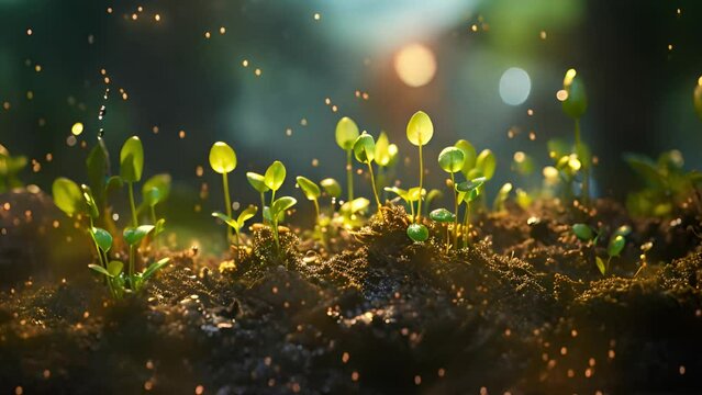 Seedling are growing from the rich soil to the morning sunlight that is shining, seedling, cultivation. agriculture, horticulture. plant growth evolution from seed to sapling, ecology concept. Young p