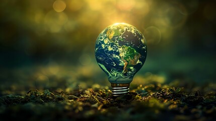 Light bulb in the grass with the world in it. Save the world. clean energy.