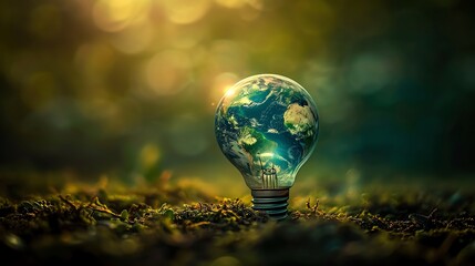 Light bulb in the grass with the world in it. Save the world. clean energy. - obrazy, fototapety, plakaty