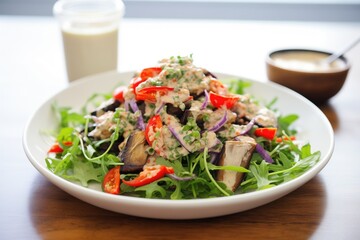 eggplant and roasted red pepper salad, tahini dressing on the side