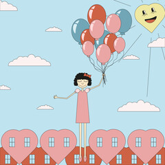 Tender girl in night dream flies in the sky on air Balloons. Cartoon Valentine's Day card with princess above heart city. Flat Retro Art for web and social media. Vector illustration. EPS 10 