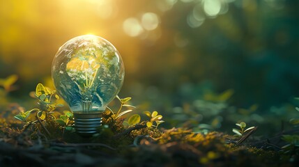 Light bulb in the grass with the world in it. Save the world. clean energy. - obrazy, fototapety, plakaty