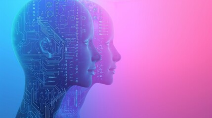 Big data, artificial intelligence, machine learning in online face-to-face marketing concept in form of two woman face