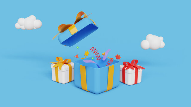 Open present box or gift box with confetti. Referral award, sale promotion, referring friends, affiliate marketing concept. Suitable for web landing page, ui, mobile app. 3d illustration